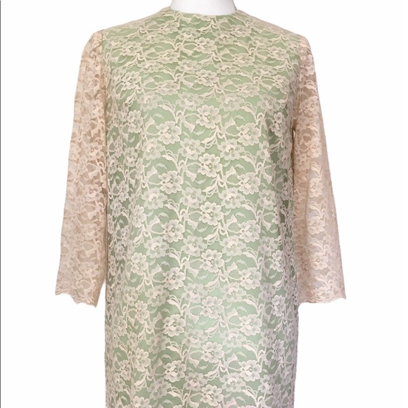 Vintage 60's Cream Lace Over Green Shift Dress Medium - Picture 9 of 13